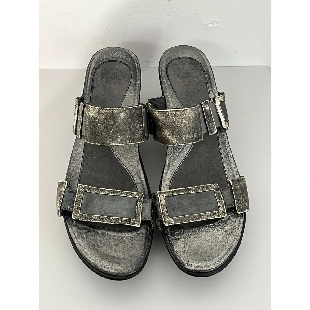 Naot Wedge Sandals Womens 40 Silver‎ Pewter Metallic Leather Buckle Slide Shoes